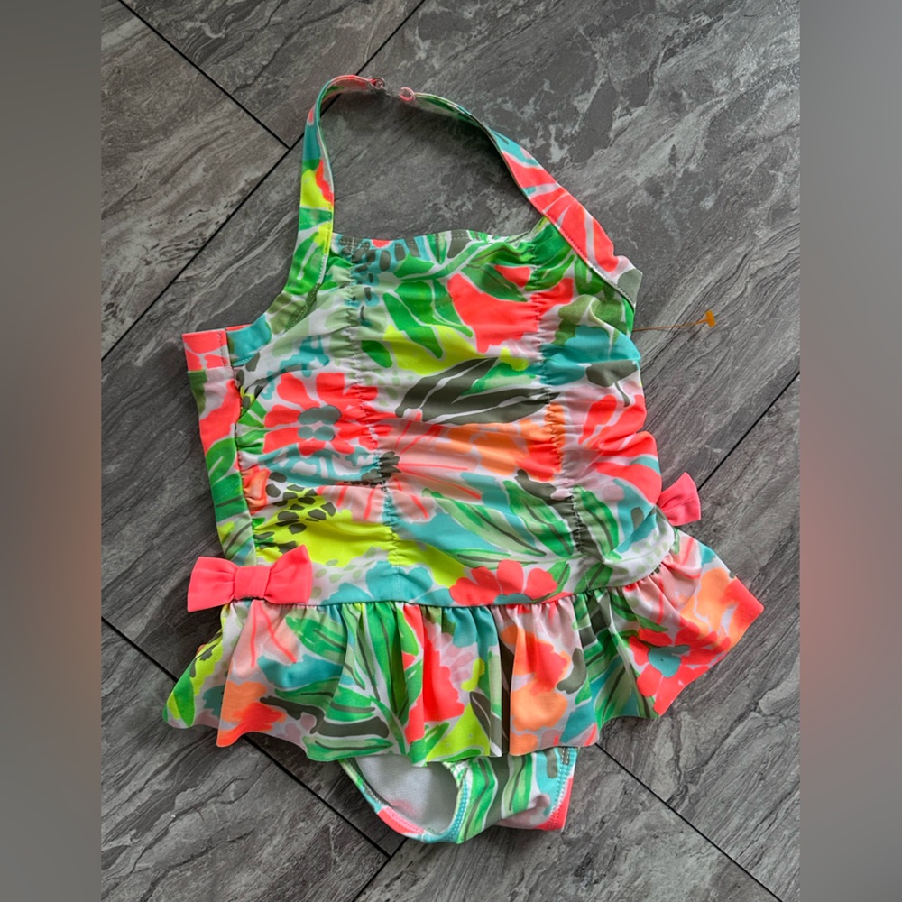 Floral‎ Ruffle One-Piece Swimsuit in Neon Coral & Mint 4T